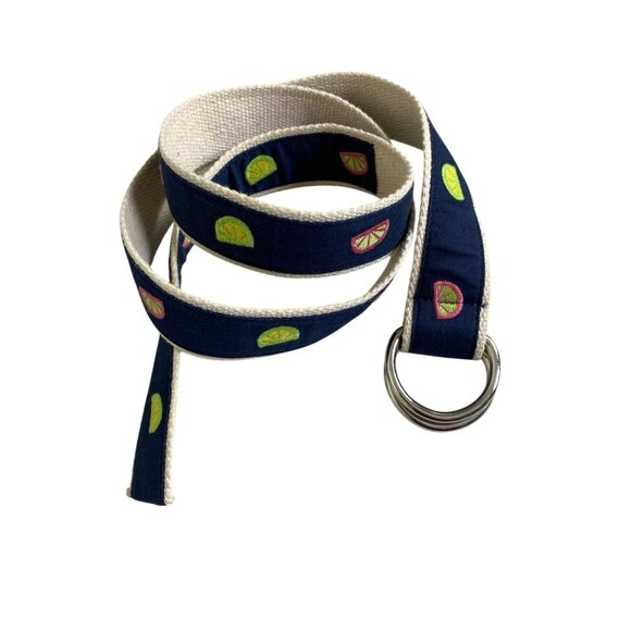 J. Crew Navy Cream Novelty Lime Orange Belt size Medium Large Cotton D Ring - Picture 1 of 12
